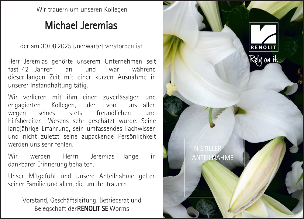  Traueranzeige für Michael Jeremias vom 13.09.2025 aus Wormser Zeitung