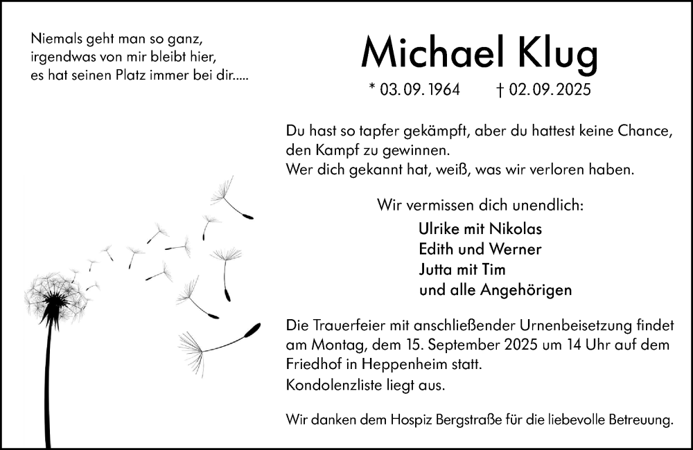  Traueranzeige für Michael Klug vom 06.09.2025 aus Starkenburger Echo