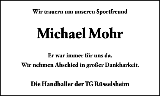 Traueranzeige von Michael Mohr von Rüsselsheimer Echo