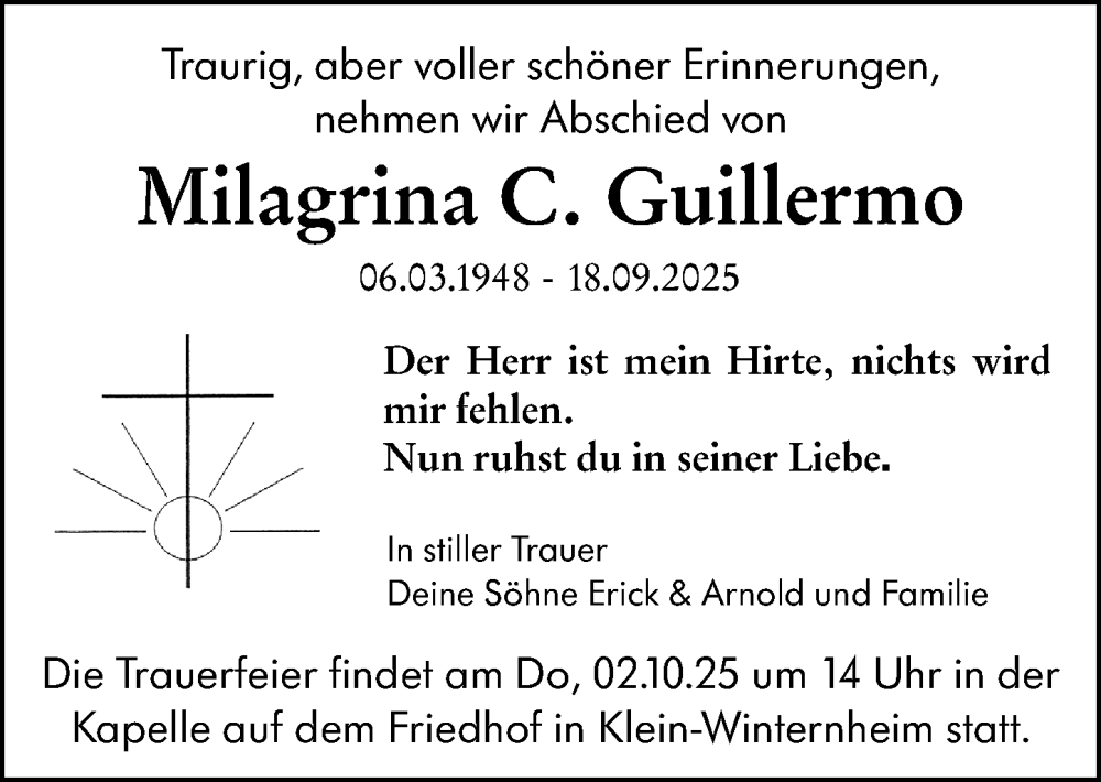  Traueranzeige für Milagrina Guillermo vom 27.09.2025 aus Allgemeine Zeitung Mainz