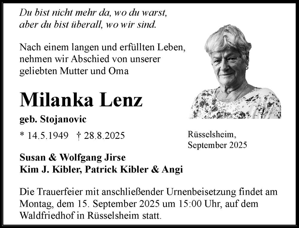 Traueranzeige für Milanka Lenz vom 06.09.2025 aus Rüsselsheimer Echo