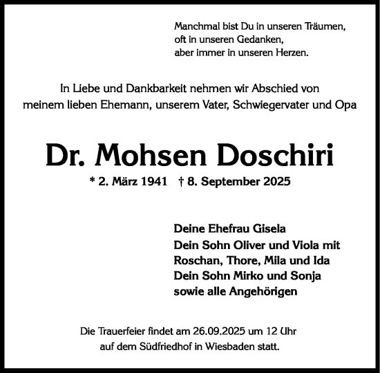 Traueranzeige von Mohsen Doschiri von Wiesbadener Kurier