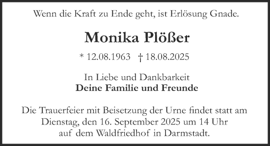 Traueranzeige von Monika Plößer von Darmstädter Echo