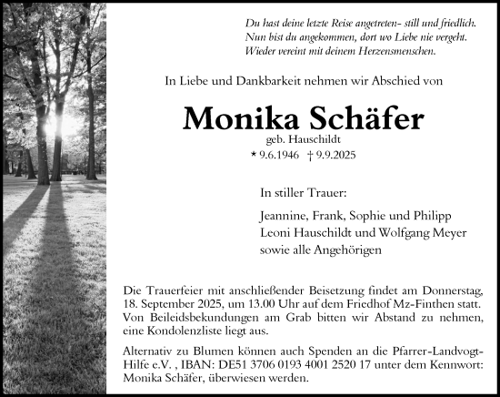 Traueranzeige von Monika Schäfer von Allgemeine Zeitung Mainz