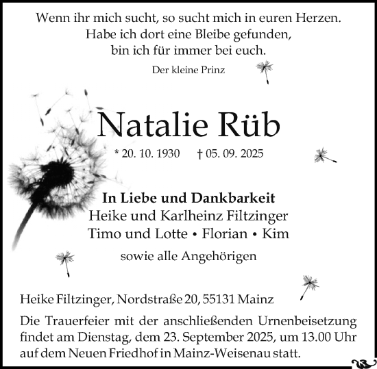 Traueranzeige von Natalie Rüb von Allgemeine Zeitung Mainz