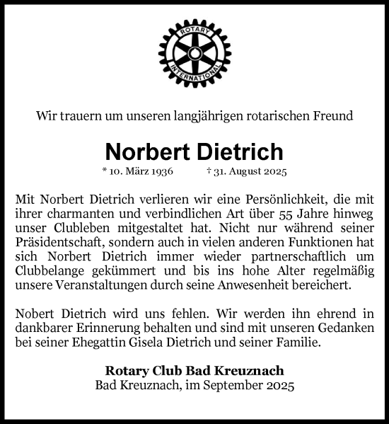 Traueranzeige von Norbert Dietrich von Allgemeine Zeitung Rheinhessen-Nahe