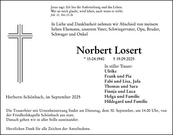 Traueranzeige von Norbert Losert von Dill Block