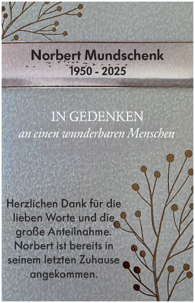  Traueranzeige für Norbert Mundschenk vom 20.09.2025 aus Rüsselsheimer Echo