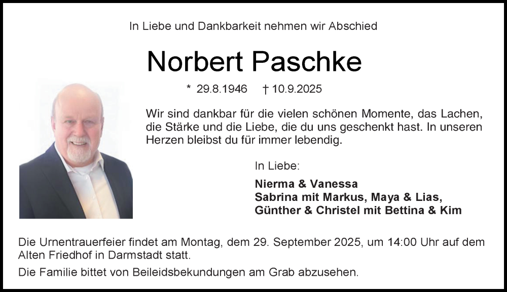  Traueranzeige für Norbert Paschke vom 20.09.2025 aus Darmstädter Echo