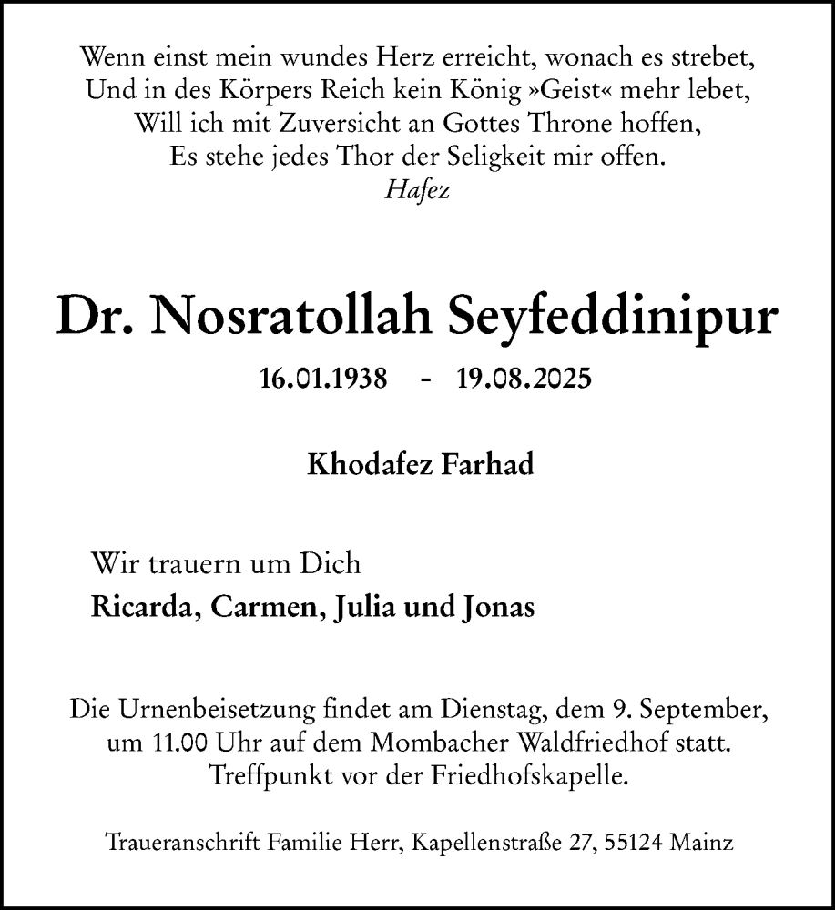  Traueranzeige für Nosratollah Seyfeddinipur vom 06.09.2025 aus Allgemeine Zeitung Mainz