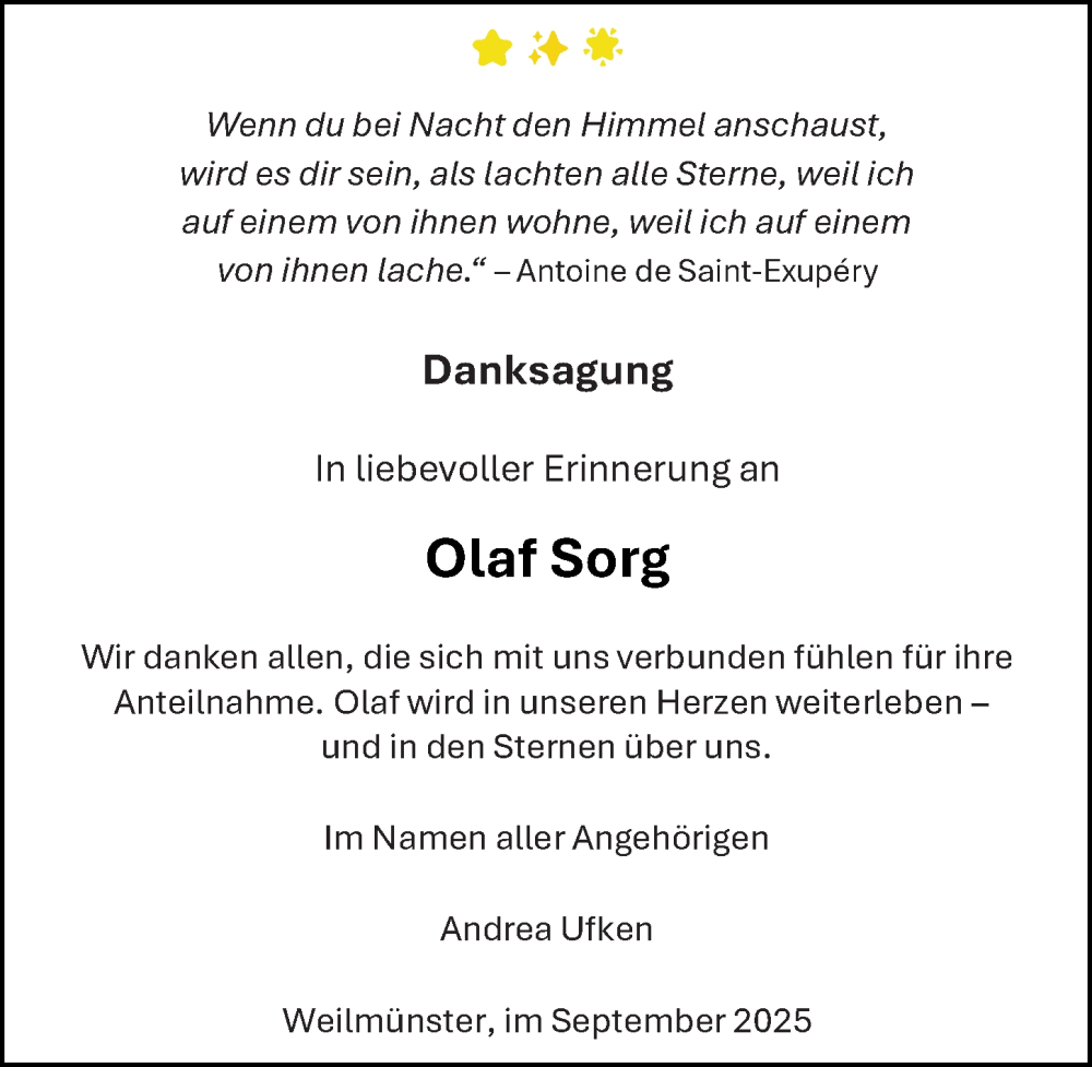  Traueranzeige für Olaf Sorg vom 26.09.2025 aus Weilburger Tageblatt