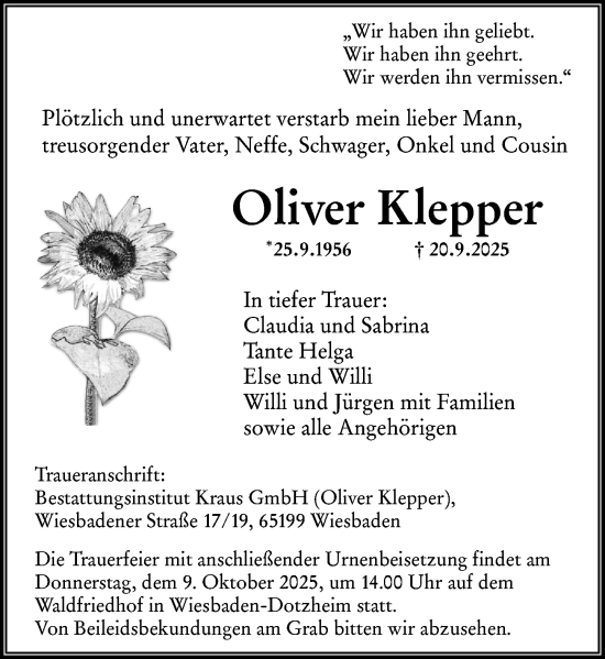Traueranzeige von Oliver Klepper von Wiesbadener Kurier