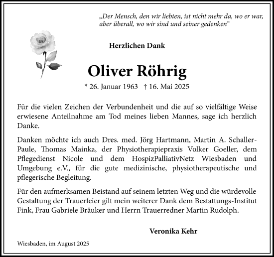 Traueranzeige von Oliver Röhrig von Wiesbadener Kurier