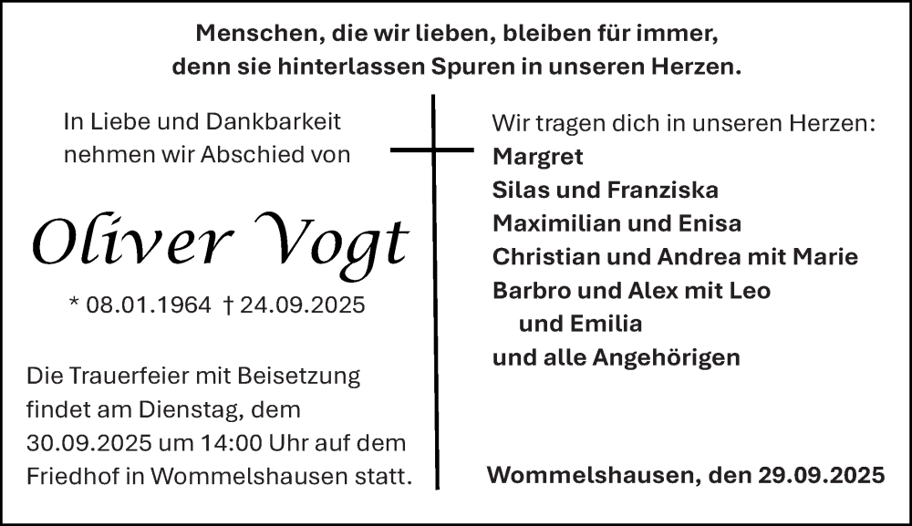  Traueranzeige für Oliver Vogt vom 29.09.2025 aus Hinterländer Anzeiger
