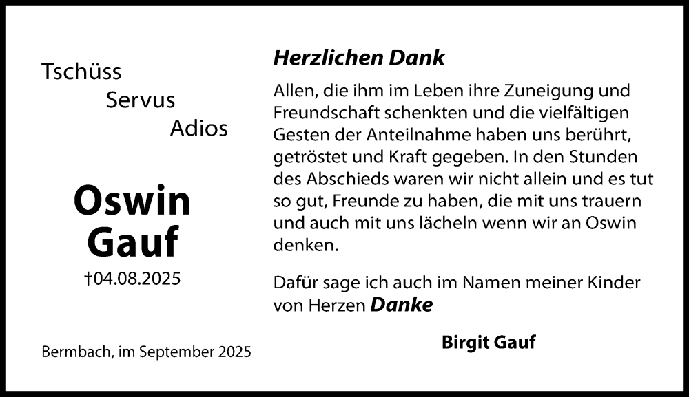  Traueranzeige für Oswin Gauf vom 25.09.2025 aus Camberger Anzeiger