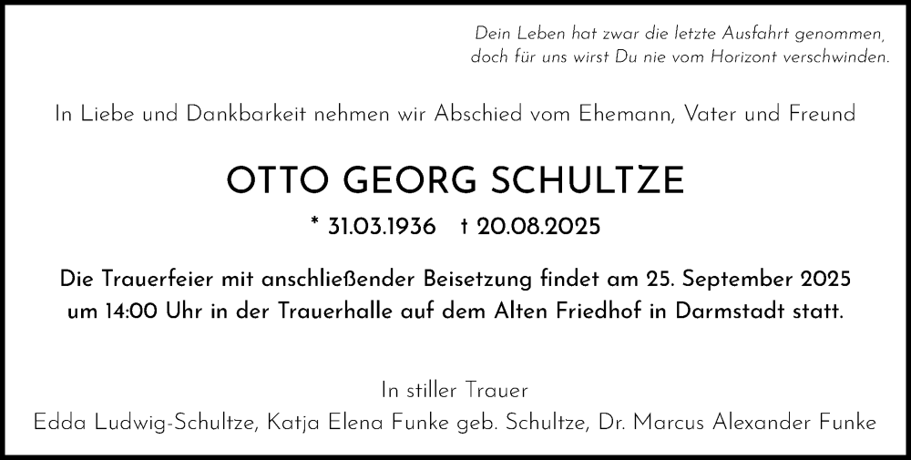  Traueranzeige für Otto Georg Schultze vom 13.09.2025 aus Darmstädter Echo