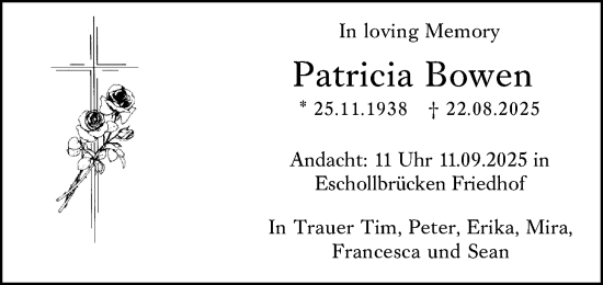 Traueranzeige von Patricia Bowen von Odenwälder Echo