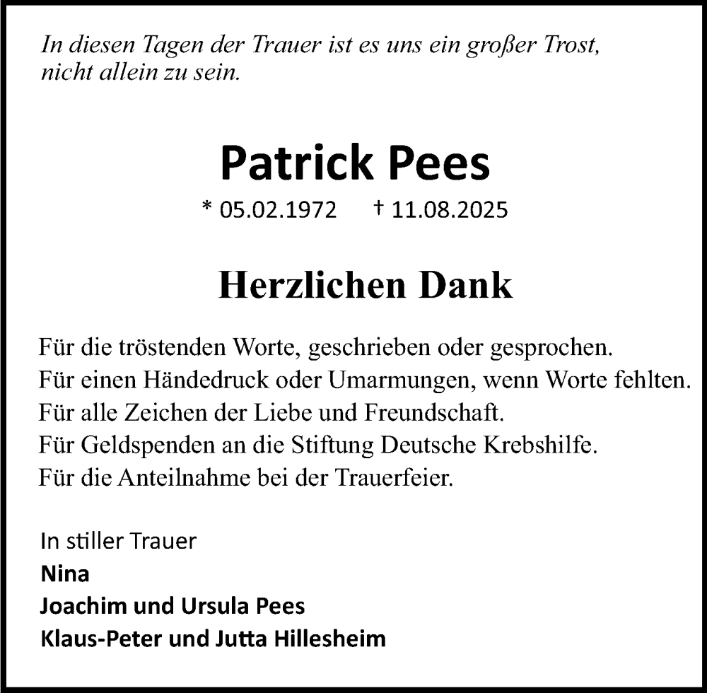  Traueranzeige für Patrick Pees vom 13.09.2025 aus Allgemeine Zeitung Rheinhessen-Nahe