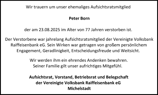 Traueranzeige von Peter Born von Odenwälder Echo