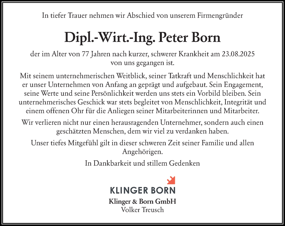  Traueranzeige für Peter Born vom 30.08.2025 aus Odenwälder Echo