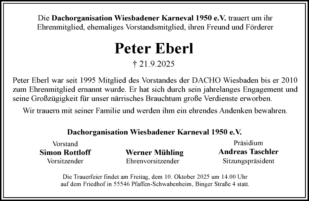  Traueranzeige für Peter Eberl vom 27.09.2025 aus Wiesbadener Kurier