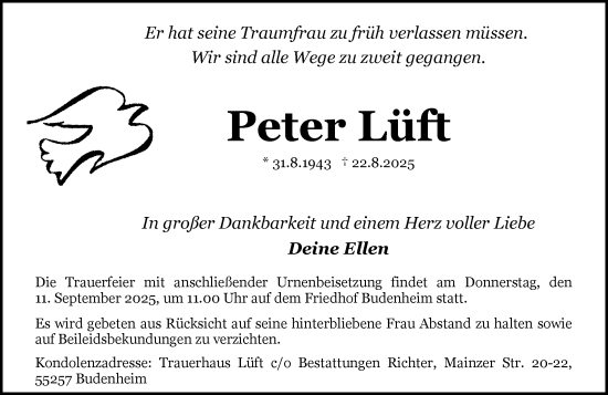 Traueranzeige von Peter Lüft von Allgemeine Zeitung Mainz