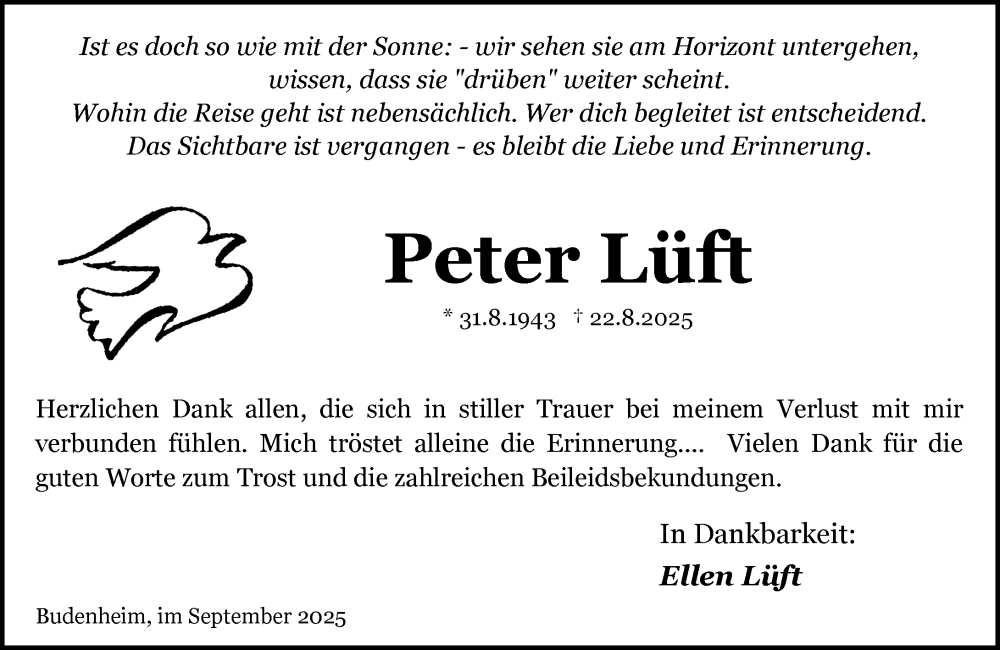  Traueranzeige für Peter Lüft vom 27.09.2025 aus Allgemeine Zeitung Mainz