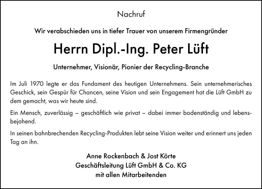  Traueranzeige für Peter Lüft vom 06.09.2025 aus Allgemeine Zeitung Mainz