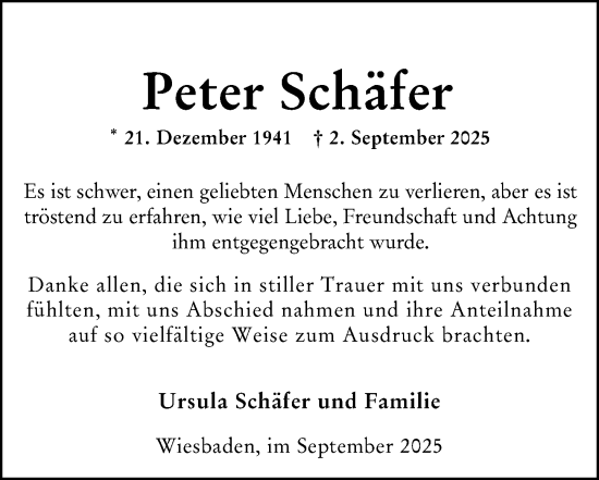 Traueranzeige von Peter Schäfer von Wiesbadener Kurier