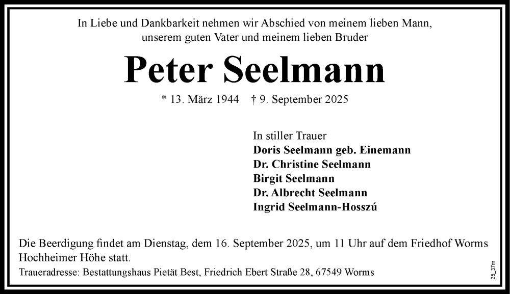  Traueranzeige für Peter Seelmann vom 13.09.2025 aus Wormser Zeitung