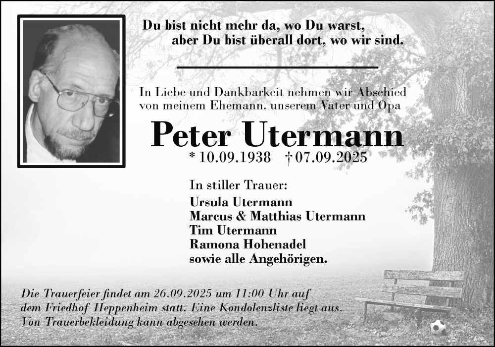  Traueranzeige für Peter Utermann vom 20.09.2025 aus Bergsträßer Anzeiger