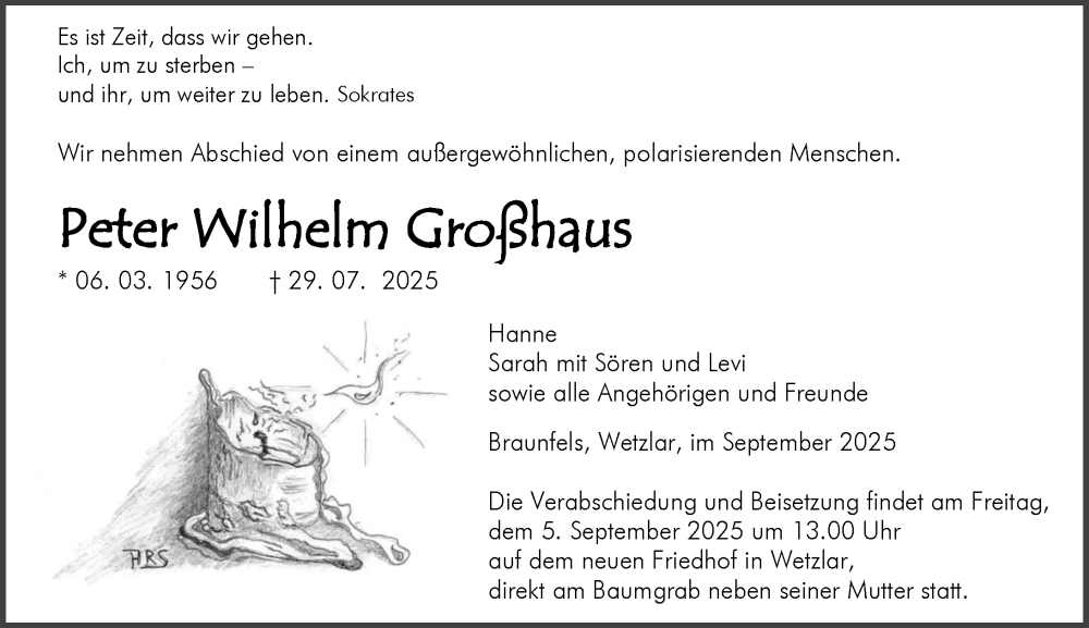  Traueranzeige für Peter Wilhelm Großhaus vom 03.09.2025 aus Wetzlarer Neue Zeitung