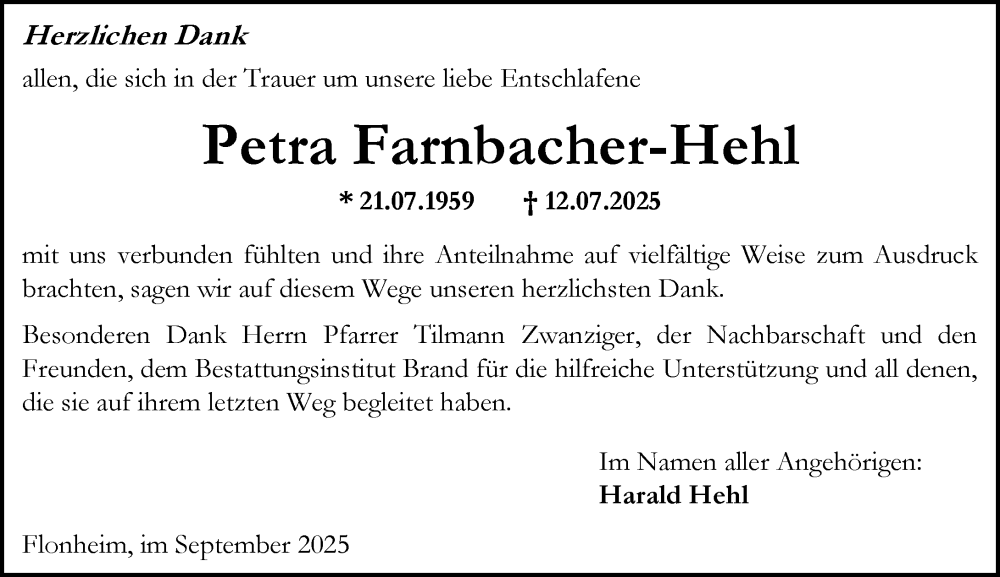  Traueranzeige für Petra Farnbacher-Hehl vom 06.09.2025 aus Allgemeine Zeitung Alzey