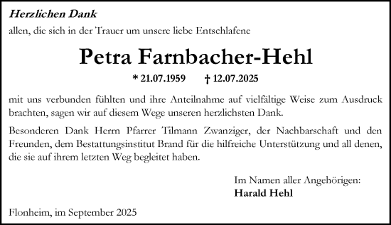 Traueranzeige von Petra Farnbacher-Hehl von Allgemeine Zeitung Alzey