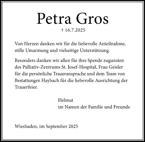 Traueranzeige von Petra Gros von Wiesbadener Kurier