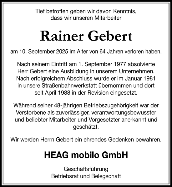 Traueranzeige von Rainer Gebert von Darmstädter Echo
