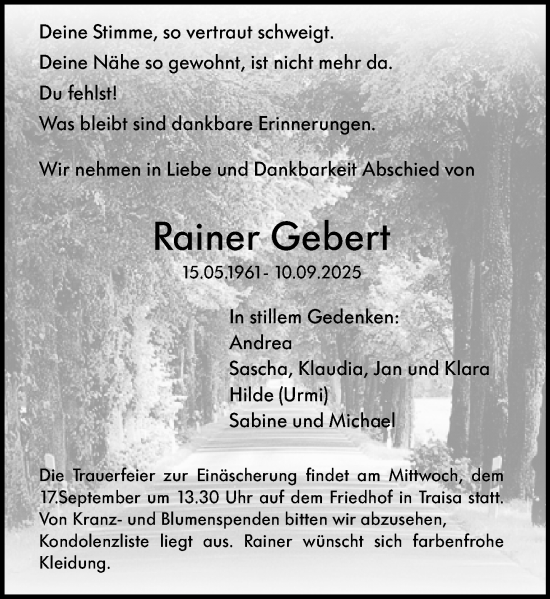 Traueranzeige von Rainer Gebert von Darmstädter Echo