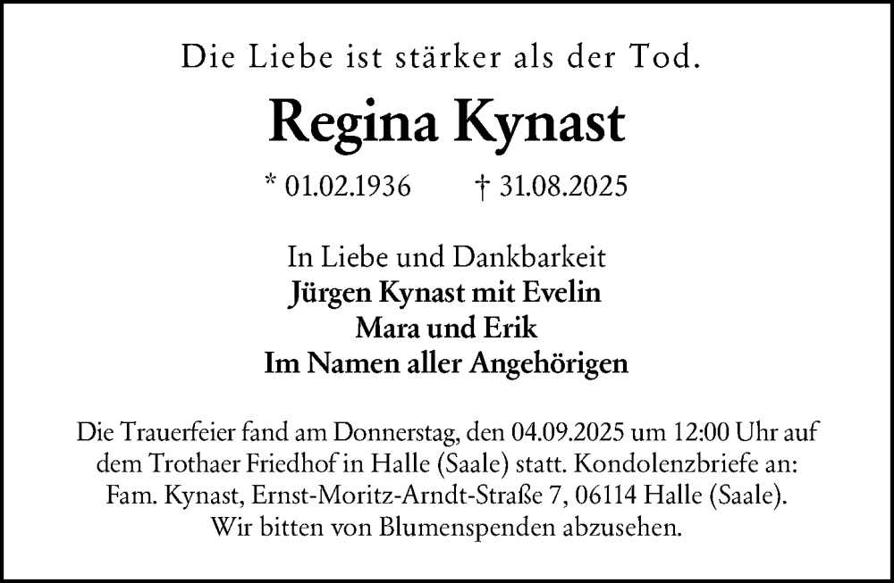  Traueranzeige für Regina Kynast vom 13.09.2025 aus Darmstädter Echo