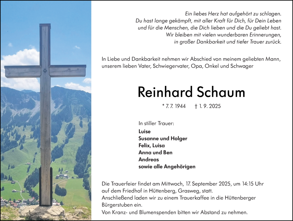  Traueranzeige für Reinhard Schaum vom 12.09.2025 aus Wetzlarer Neue Zeitung