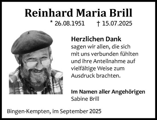 Traueranzeige von Reinhard Maria Brill von Binger-/Ingelheimer Wochenblatt