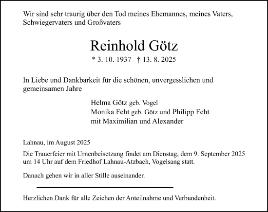 Traueranzeige von Reinhold Götz von Wetzlarer Neue Zeitung