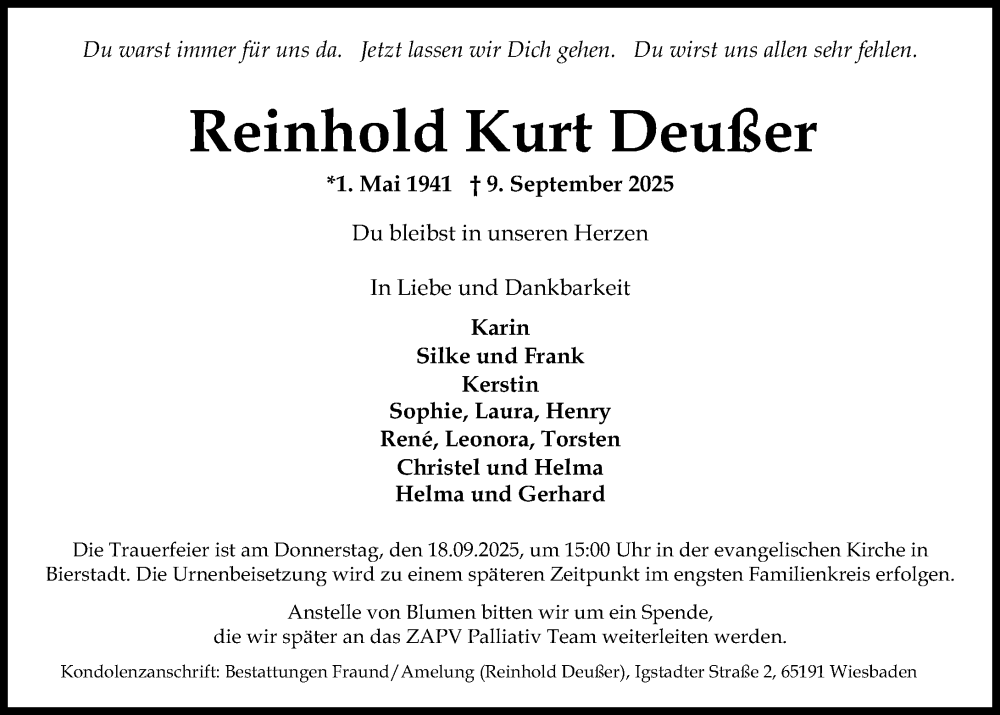 Traueranzeige für Reinhold Kurt Deußer vom 13.09.2025 aus Wiesbadener Kurier