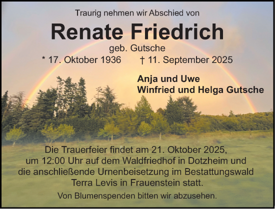 Traueranzeige von Renate Friedrich von Wiesbadener Kurier