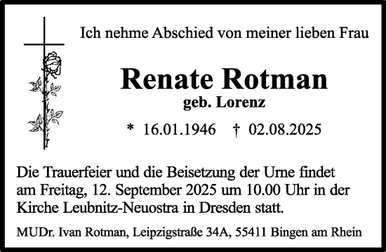 Traueranzeige von Renate Rotman von Allgemeine Zeitung Rheinhessen-Nahe
