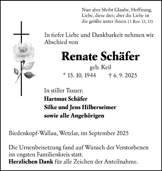 Traueranzeige von Renate Schäfer von Hinterländer Anzeiger