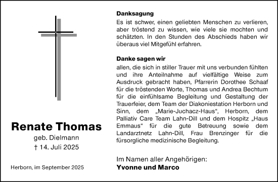 Traueranzeige von Renate Thomas von Dill Block