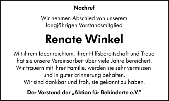Traueranzeige von Renate Winkel von Dill Block