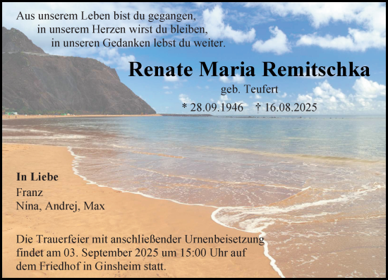 Traueranzeige von Renate Maria Remitschka von Allgemeine Zeitung Mainz