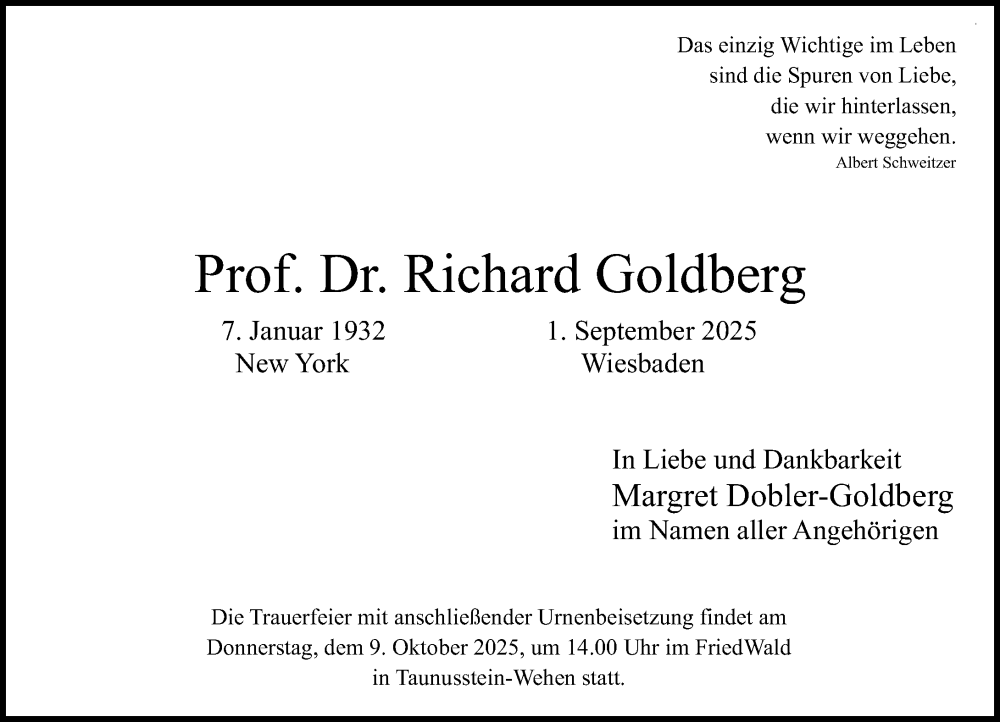  Traueranzeige für Richard Goldberg vom 13.09.2025 aus Wiesbadener Kurier