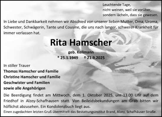Traueranzeige von Rita Hamscher von Allgemeine Zeitung Alzey